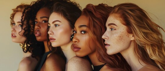 A diverse group of five women stand side by side, showcasing various ethnicities and appearances with distinct features and hairstyles.