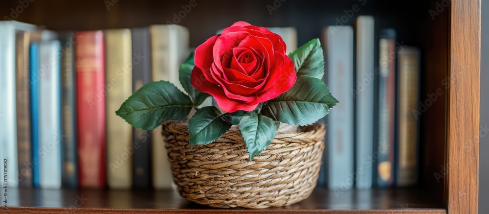 Poster artificial rose in a woven basket displayed on a classic bookshelf enhancing elegance and charm in h