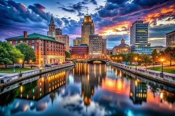 Naklejka premium Providence Rhode Island Night Skyline HDR - Dramatic Cityscape at Dusk