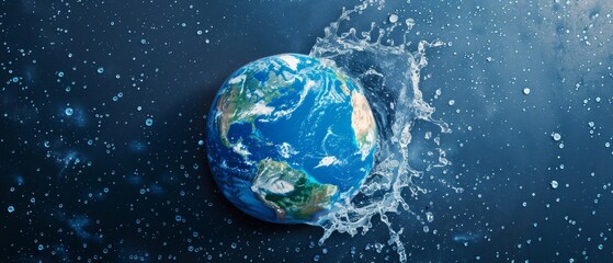 Digital image depicts Earth surrounded by water droplets, creating a splash effect. Detailed land and water, set in deep blue space with stars. Symbolizes water in a cosmic context.
