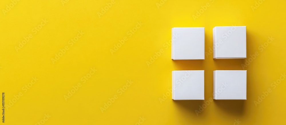Poster minimalistic top view of two white boxes on a vibrant yellow backdrop with ample copy space for crea