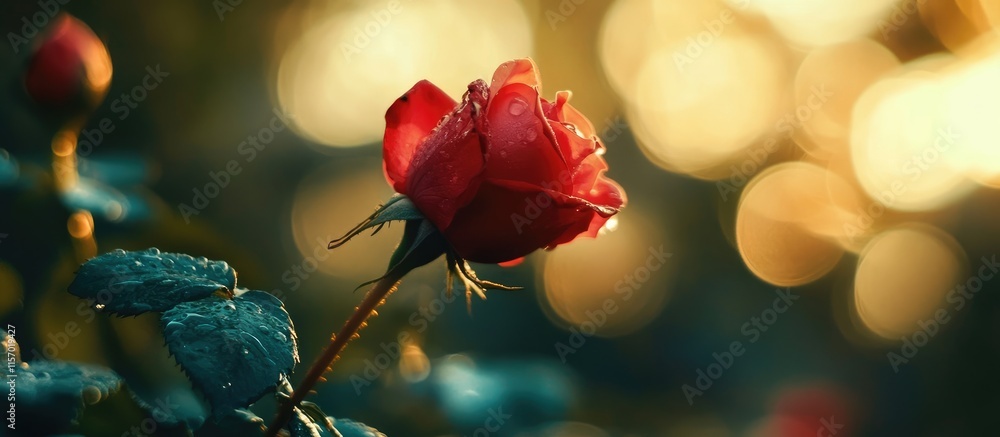 Poster romantic red rose with bokeh lights in the background creating a dreamy and enchanting atmosphere fo