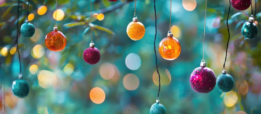 Aufkleber close up of colorful ornaments hanging on a green tree with bokeh lights creating a festive holiday 