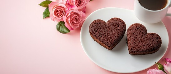 Heart shaped chocolate cakes on a white plate with roses and a coffee cup on a soft pink background Romantic dessert for special occasions