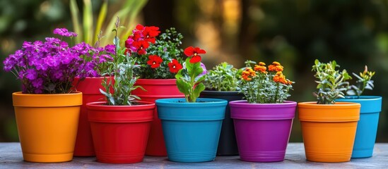Colorful plastic flower pots arranged in a garden setting perfect for home decor and plant lovers enhancing outdoor aesthetics.