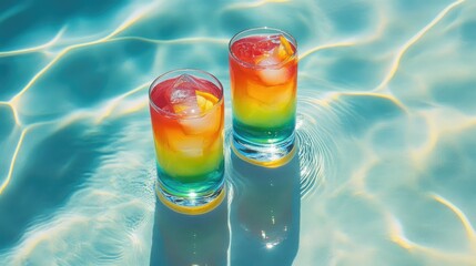 Vibrant multi colored cocktails in clear glasses floating on a refreshing pool background under sunlight