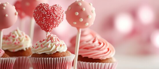 Valentine themed cupcakes and cake pops decorated in pink with heart shapes and festive designs for romantic celebrations