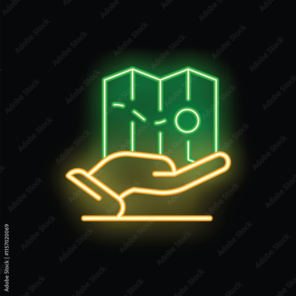 Poster neon sign of a hand holding a map with a location pin, representing travel and navigation