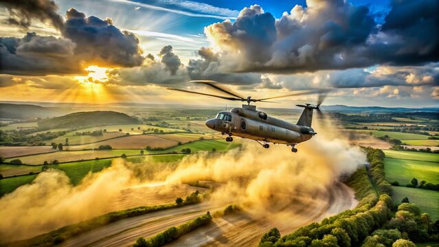 RAF Chinook Helicopter Training Exercise Wessex Storm Salisbury Plain Wiltshire UK Aerial Drone Shot