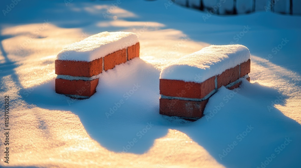 Aufkleber snow-covered red bricks casting soft shadows on fresh snow during golden hour creating a serene wint