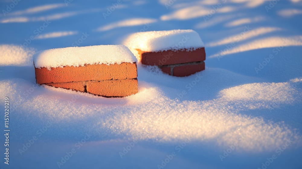 Poster snow-blanketed red bricks casting soft shadows on pristine snow during golden hour illuminated by wa