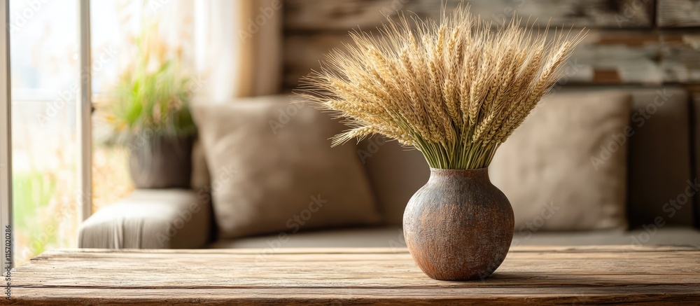 Poster rustic vase with a bouquet of wheat ears on a wooden table creating a warm and inviting home decor a