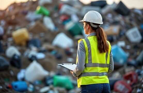 Female worker inspects huge garbage pile outdoors. Eco professional in protective vest, helmet examines waste materials. Environmental management in progress. Recycling procedure analysis. Person