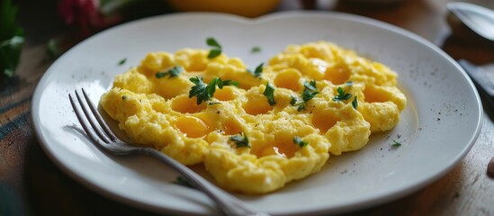 Heart-shaped scrambled eggs on a plate garnished with herbs perfect for a romantic Valentine's Day breakfast or brunch setting.
