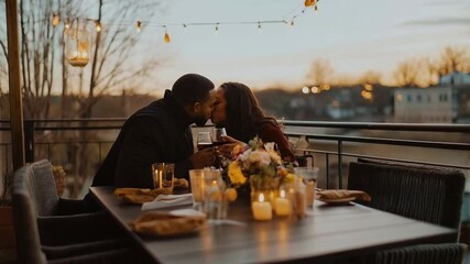 A romantic balcony dinner with candles and flowers, a couple toasting wine glasses while laughing, surrounded by warm sunset hues, celebrating their bond and enjoying the serene evening