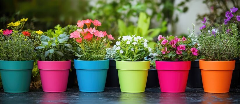 Colorful plastic flower pots in a garden setting showcasing vibrant flowers perfect for home decor and plant lovers.