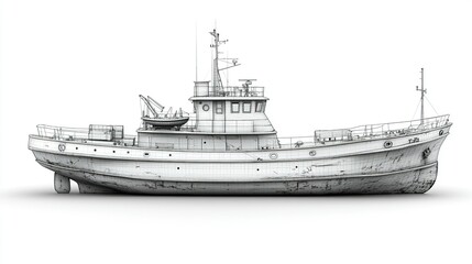 Fototapeta premium A detailed illustration of a vintage tugboat, showcasing its structure and design.