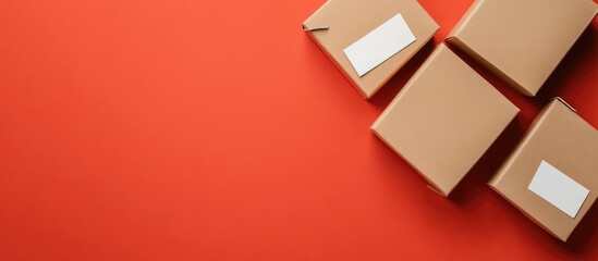 Vertical banner design showcasing gift boxes and labels on a vibrant red background ideal for promotions and sales events during holidays