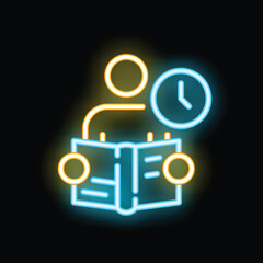 Neon sign icon of a person reading book with time clock, concept of speed reading or learning