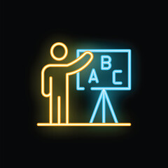 Neon sign style icon of a teacher pointing at a blackboard with the letters abc on it, representing education and learning