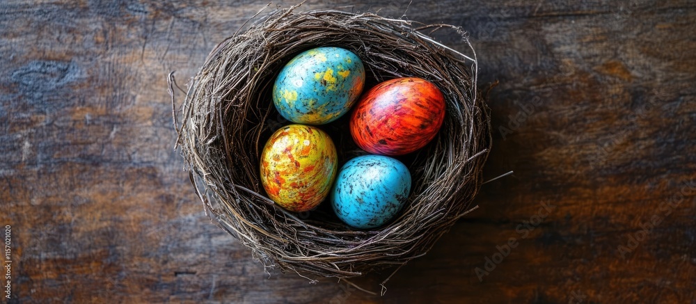 Poster colorful easter eggs nestled in a rustic nest on a wooden background creating a festive spring atmos