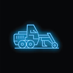 Neon blue icon of a snow removal machine working on a road at night