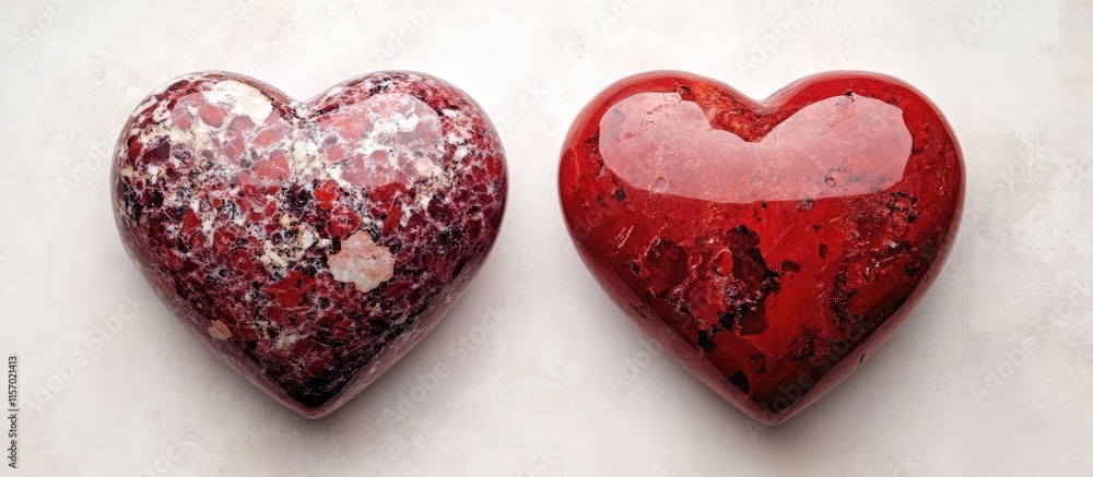 Poster two elegant red hearts displayed on a textured white background showcasing love and affection in a m