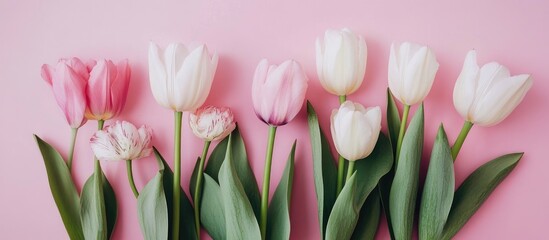 Obraz premium Pastel pink and white tulips in bloom arranged elegantly on a soft pink background showcasing spring beauty and floral delight.