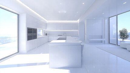 A spacious white kitchen features sleek cabinetry and a polished floor, illuminated by soft lighting. Large windows allow natural light to enhance the modern design.Stylish kitchen interior