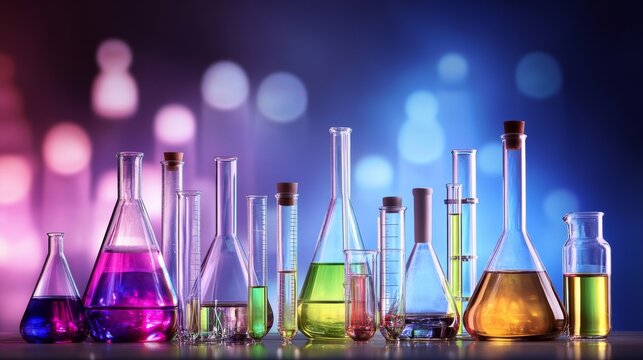 Colorful laboratory glassware with various liquids.