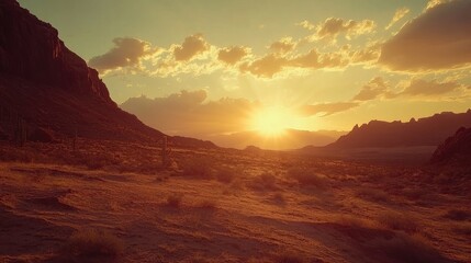 Naklejka premium Sunset over rugged mountains in a desert landscape with dramatic clouds illuminating the valley. Natural beauty at golden hour.