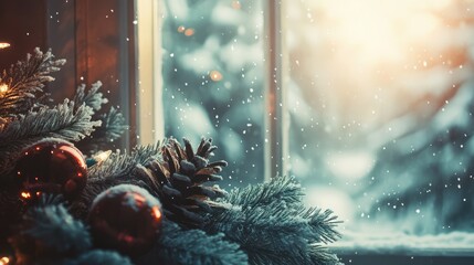 Cozy vintage Christmas background featuring decorations and snowfall against a winter window setting with soft sunlight illuminating the scene