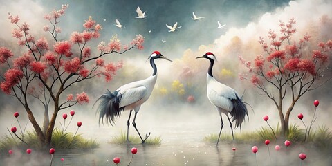 Obraz premium Red-crowned Crane & Blossom Mist: Elegant Chinese Ink Painting Style