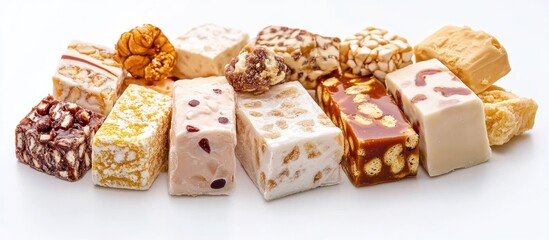 Naklejka premium Various types of turron nougat arranged on a white background showcasing traditional sweet delicacies and festive decorations