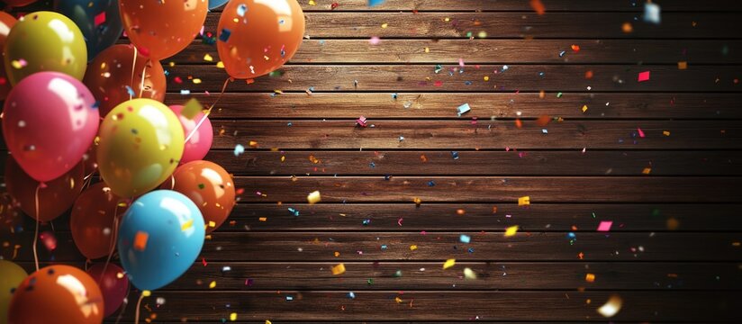 Colorful celebration balloons and confetti on a rustic wooden background creating a festive and joyful atmosphere for events and parties
