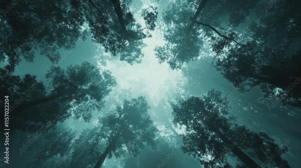 Poster canopy perspective of tall trees in a misty forest with soft light filtering through the foliage