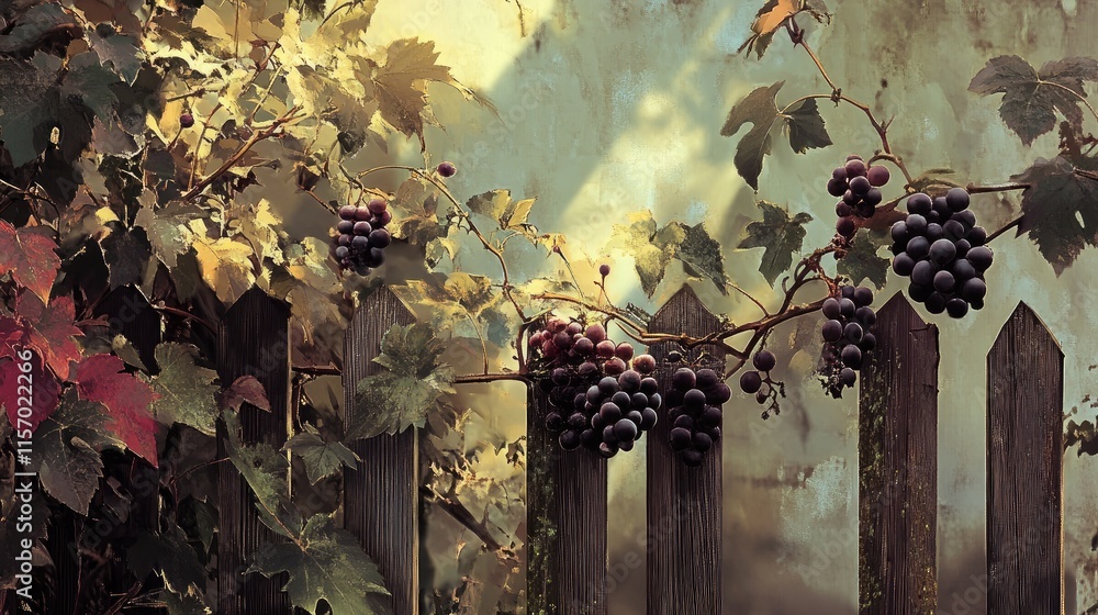 Poster vines with ripe grapes cascading over a rustic wooden fence in a serene garden setting with soft nat