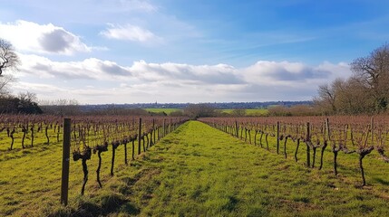 Naklejka premium Vast vineyard landscape with neatly arranged rows of vines under a clear blue sky showcasing rural countryside beauty