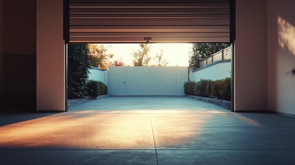 Modern garage interior with open gate and warm sunlight illuminating clean concrete floor and surrounding greenery.