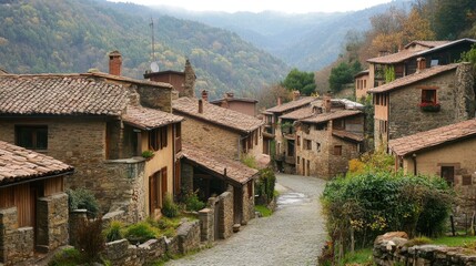 Obraz premium High mountain village featuring stunning traditional architecture and scenic landscapes in a tranquil rural setting.