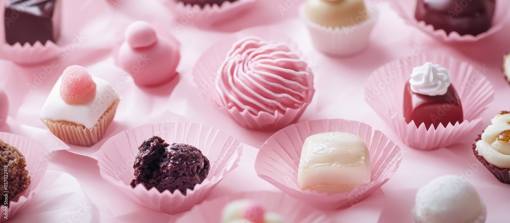 Poster delightful assortment of colorful sweets displayed on pink paper with decorative wrappers creating a