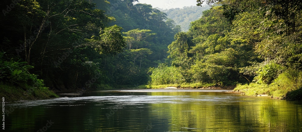 Poster tranquil river meandering through lush green forest with sunlight filtering through trees creating a