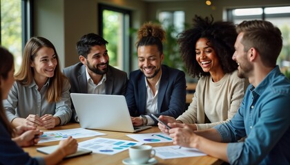 Diverse business team sits around table in modern office. Happily analyzing financial data on laptop, tablet. Discussion, collaboration evident. Teamwork, success key aspects. Pro atmosphere. Casual