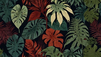Vintage botanical illustration of tropical leaves, boho style wallpaper Generative AI