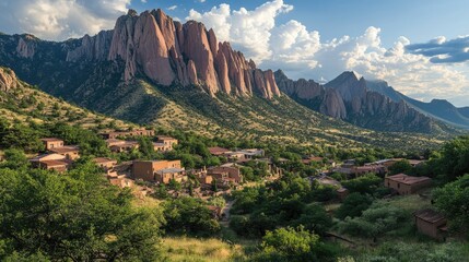 Obraz premium Scenic village nestled in mountains with striking rock formations under a dramatic sky capturing natural beauty and tranquility