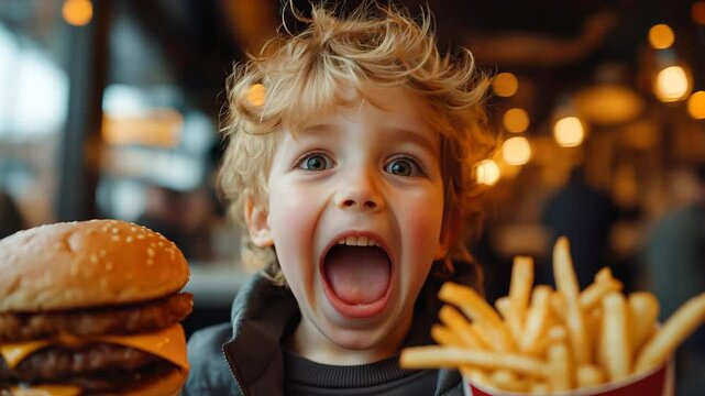 A joyful young boy with a wide-open mouth eagerly holds a burger and fries, captured in a vibrant restaurant setting.