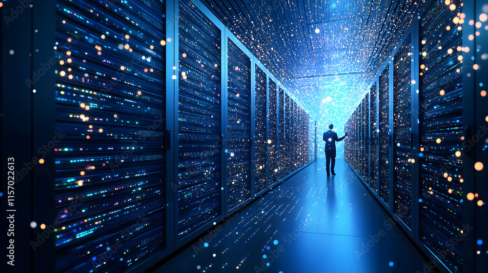 Poster a figure walks through a data center illuminated by blue lights and particles