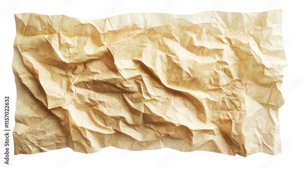Poster crumpled and wrinkled brown paper tissue isolated on a white background emphasizing texture and vint