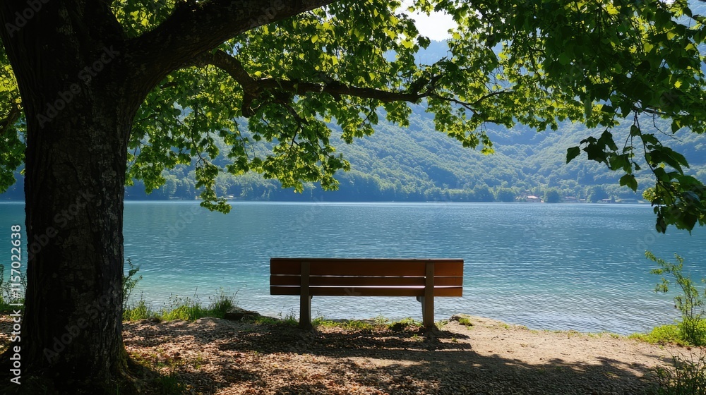 Aufkleber tranquil lakeside view with empty bench under lush tree canopy inviting contemplation and relaxation