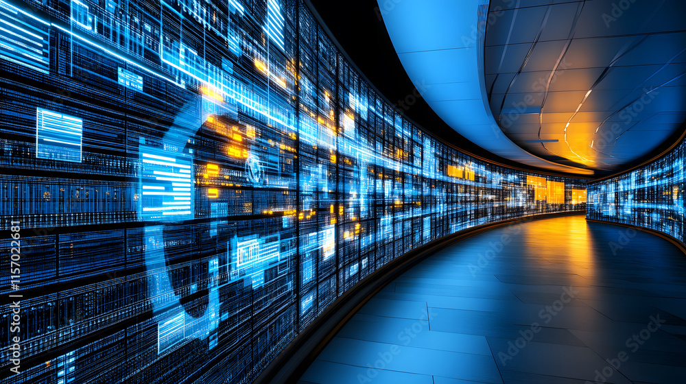 Aufkleber futuristic corridor with glowing digital displays and abstract data visualization